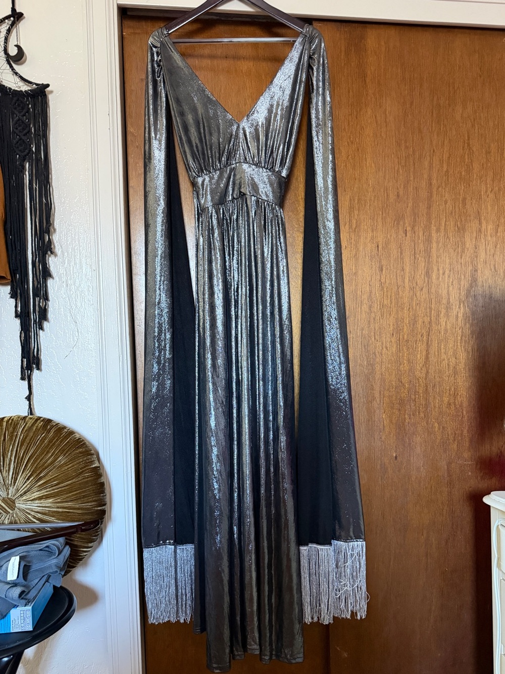 Metallic Silver V-Neck Fringe Sleeve Maxi Dress